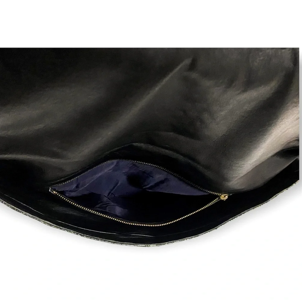 Vintage Snake leather clutch bag, green/black snake‎ with black piping